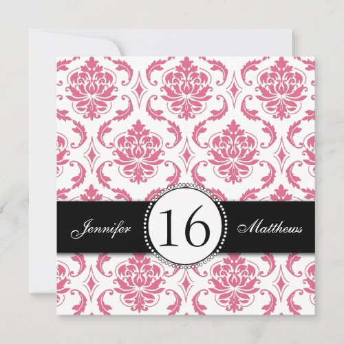 Black Pink Damask Sweet Sixteen Invitations