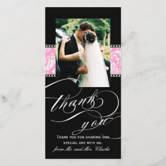 Black Pink Damask Wedding Thank You Photo Card