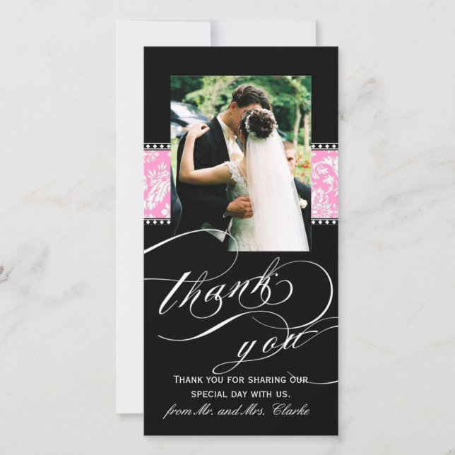 Black Pink Damask Wedding Thank You Photo Card (Front)