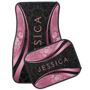 Black & Pink Damasks Dynamic Stripes Car Floor Mat