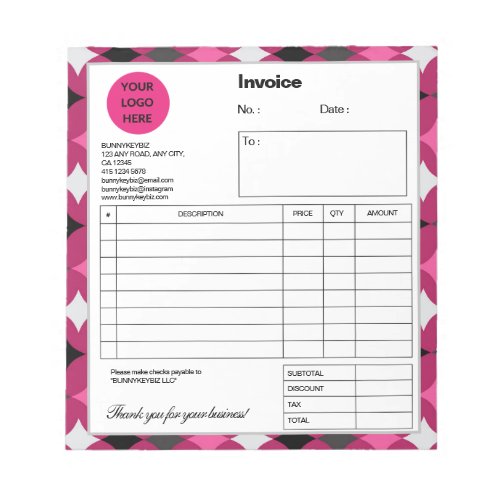Black Pink Diamond Company Business Shop Invoice Notepad