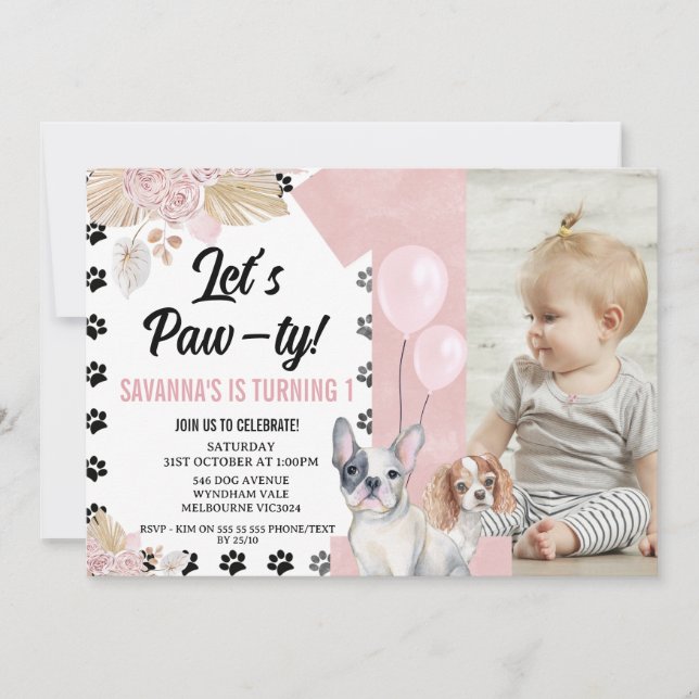 Black Pink Dog Paw-ty Boho Floral 1st Birthday Invitation (Front)