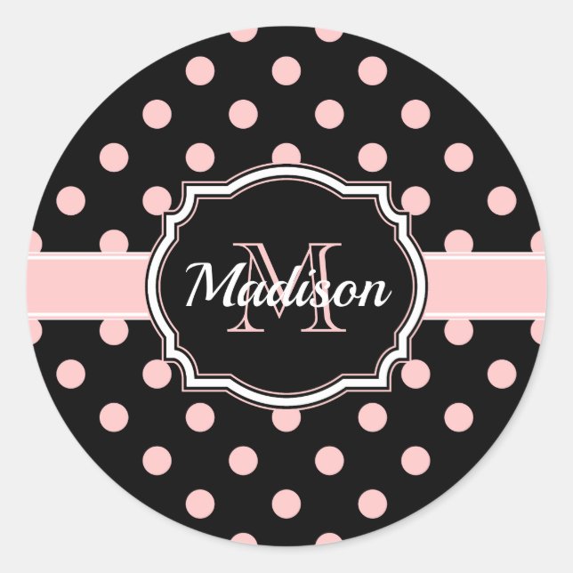 Black & Pink Dots Classic Round Sticker (Front)