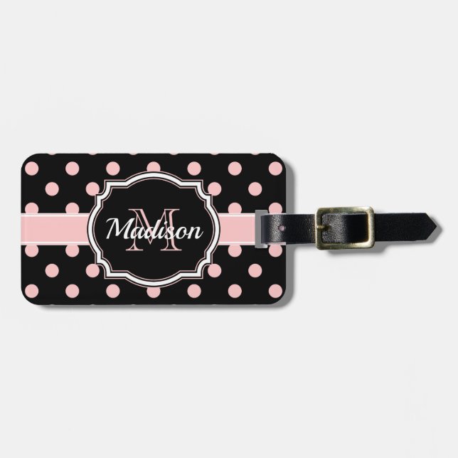 Black & Pink Dots Luggage Tag (Front Horizontal)
