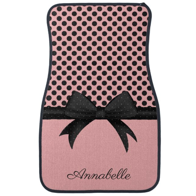 Black Pink Dots & Ribbon Car Floor Mat (Front)
