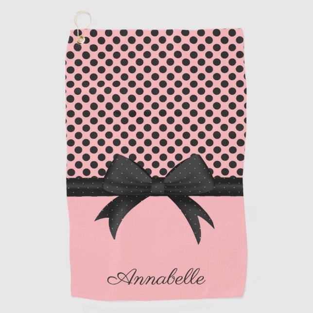 Black Pink Dots & Ribbon Golf Towel (Front)