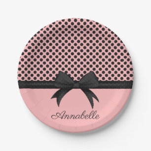 Black Pink Dots & Ribbon Paper Plates