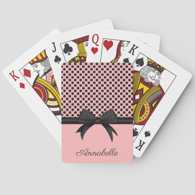 Black Pink Dots & Ribbon Poker Cards (Back)