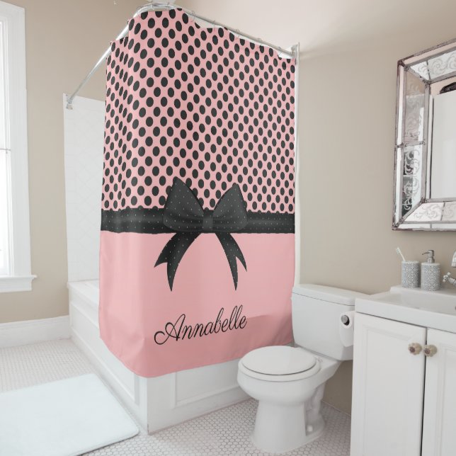 Black Pink Dots & Ribbon Shower Curtain (In Situ)