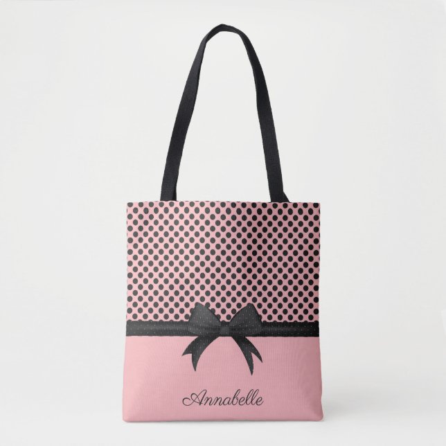 Black Pink Dots & Ribbon Tote Bag (Front)