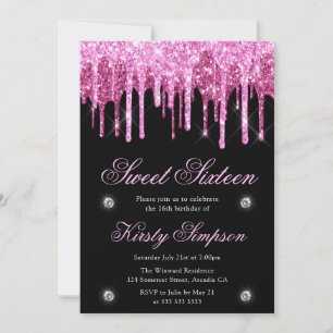 Black & Pink Dripping Glitter Sweet Sixteen Invitation