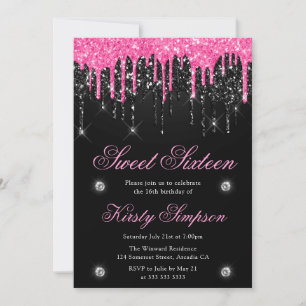 Black & Pink Dripping Glitter Sweet Sixteen Invitation