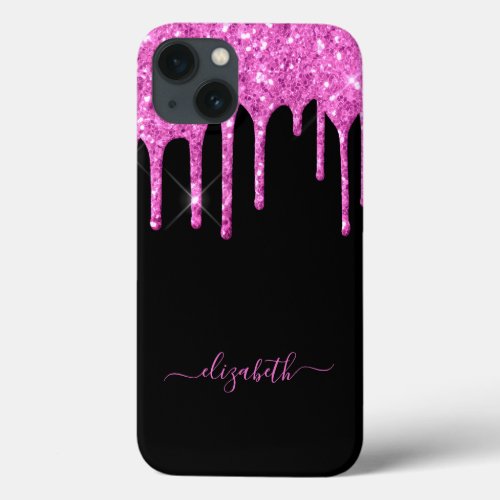 Black pink drips sparkle glam name iPhone 13 case