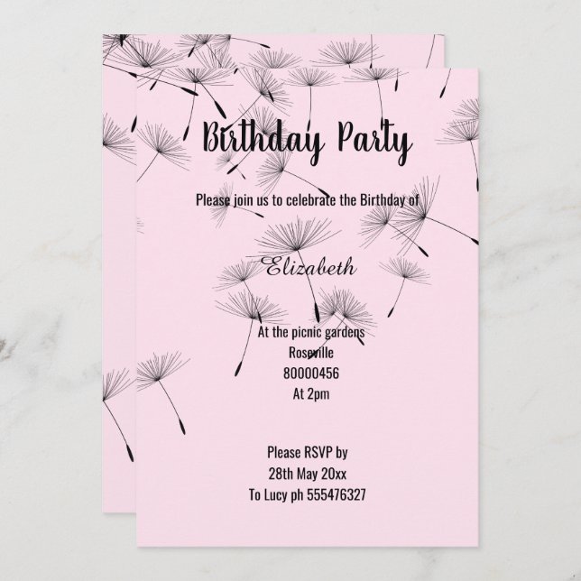 BLACK PINK FALLING DANDELION FLOWER BIRTHDAY INVITATION (Front/Back)