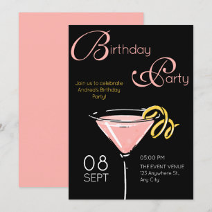 Black pink fancy cocktail birthday invitation