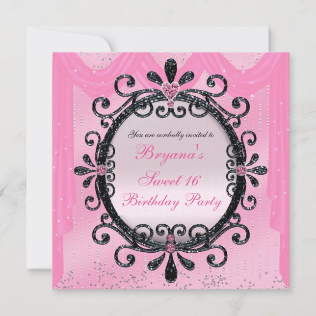 Black & Pink Fancy Frame Sweet 16 Party Invitation (Front)