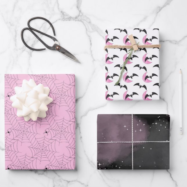 Black Pink Fancy Spider Bat Sky Halloween Wrapping Paper Sheets (Front)