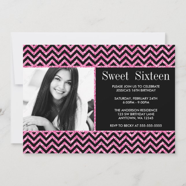 Black Pink Faux Glitter Chevron Sweet 16 Photo Invitation (Front)