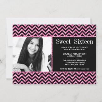 Black Pink Faux Glitter Chevron Sweet 16 Photo Invitation