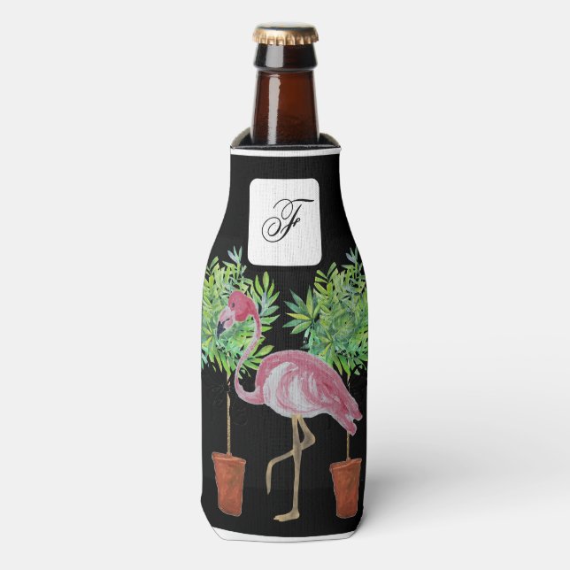 Black Pink Flamingo Flamingos Can Bottle Cooler (Bottle Front)