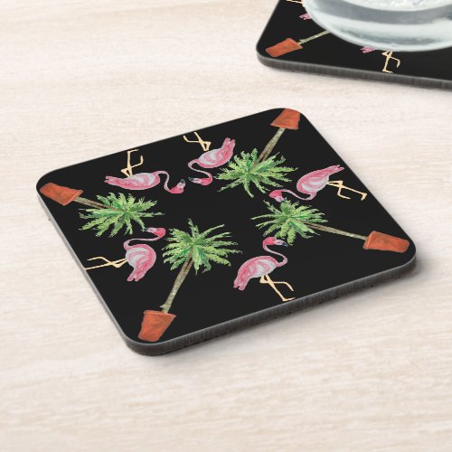 Black Pink Flamingo Flamingos Palm Tree Beverage C Beverage Coaster