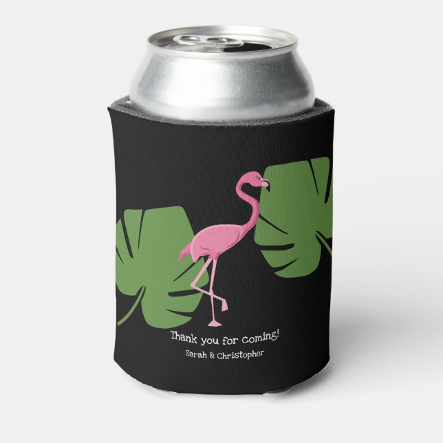 Black Pink Flamingo Tropical Destination Wedding Can Cooler (Can Back)
