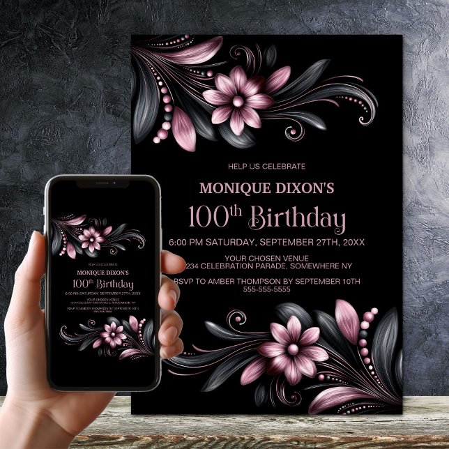 Black Pink Floral 100th Birthday Party Invitation (Creator Uploaded)
