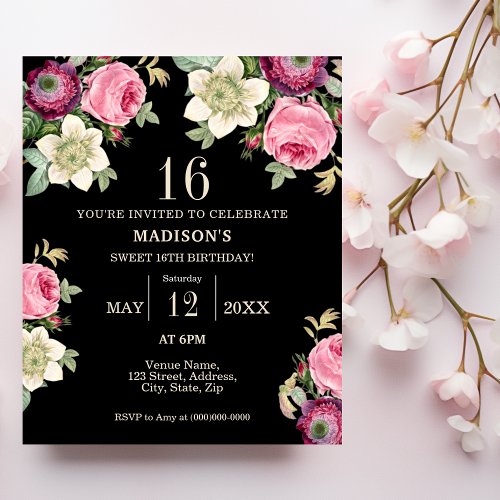 Black  Pink Floral 16th Birthday Invitation
