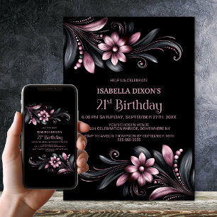 Black Pink Floral 21st Birthday Party Invitation