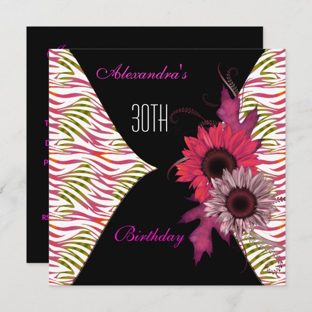 Black Pink Floral 30th Birthday Party Invitation (Front/Back)