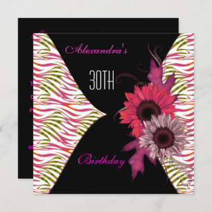 Black Pink Floral 30th Birthday Party Invitation