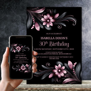 Black Pink Floral 30th Birthday Party Invitation