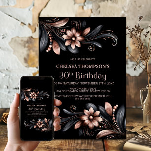 Black Pink Floral 30th Birthday Party Invitation