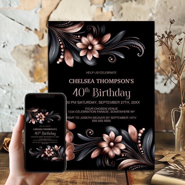 Black Pink Floral 40th Birthday Party Invitation (Creator Uploaded)