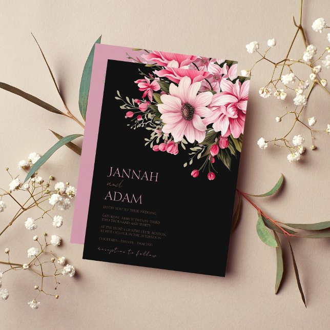 Black Pink Floral Aesthetic Wedding Invitation (Creator Uploaded)