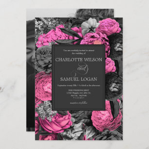 Black Pink Floral Black and White Photo Wedding Invitation