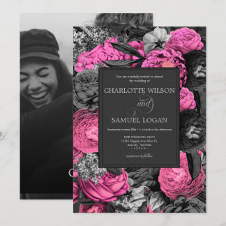 Black Pink Floral | Black and White Photo Wedding Invitation