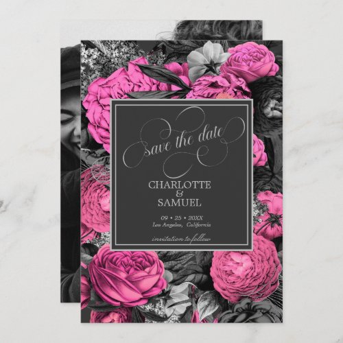 Black Pink Floral  Black and White Photo Wedding Save The Date