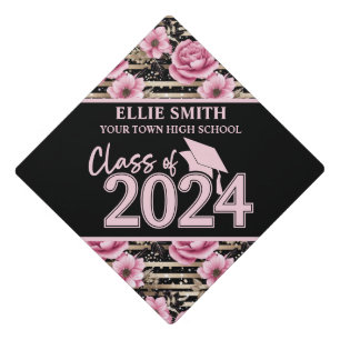 Black Pink Floral Class of 2024 Graduation  Cap Topper