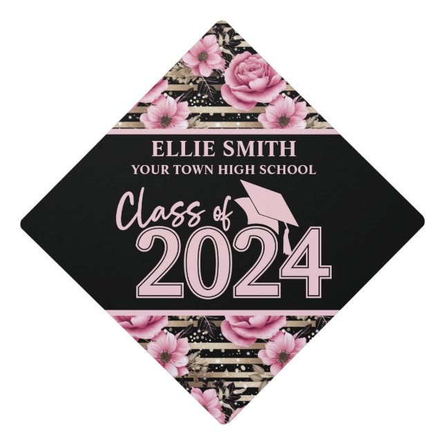 Black Pink Floral Class of 2024 Graduation  Cap Topper (Front)