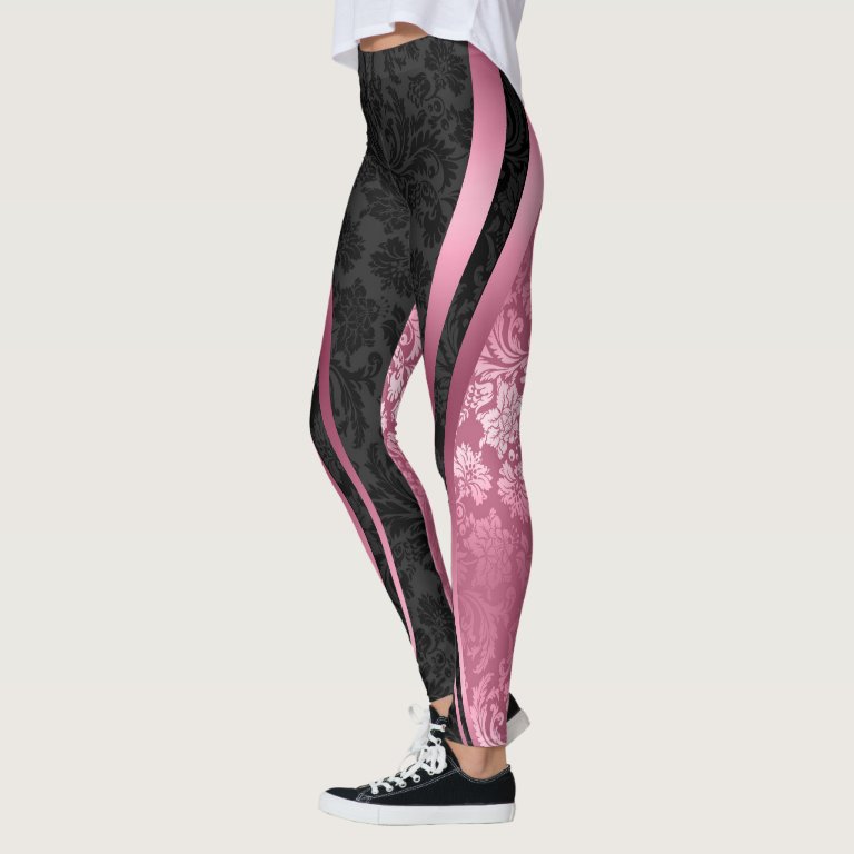 Black & Pink Floral Damasks Geometric Design Leggings