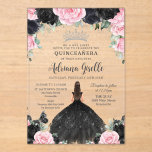 Black Pink Floral Flowers Dress Silver Quinceanera Acrylic Invitations<br><div class="desc">Personalize this pretty floral Quinceañera / Sweet 16 birthday acrylic invitation easily and quickly. Simply click the Edit Using Design Tools button to further edit the text, change font styles and font colors. Featuring a girl dressed in a glittery black dress, pretty black and pink flowers and a silver princess...</div>