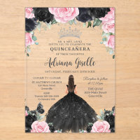 Black Pink Floral Flowers Dress Silver Quinceanera