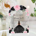 Black Pink Floral Flowers Dress Silver Quinceanera Acrylic Invitations<br><div class="desc">Personalize this modern floral Quinceañera / Sweet 16 birthday acrylic arch invitation easily and quickly. Simply click the Edit Using Design Tools button to further edit the text, change font styles and font colors. Featuring a girl dressed in a glittery black dress, pretty black and pink flowers and a silver...</div>