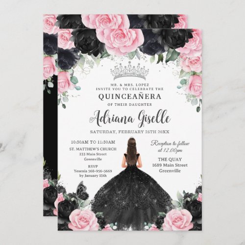 Black Pink Floral Flowers Dress Silver Quinceanera Invitation