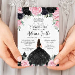 Black Pink Floral Flowers Dress Silver Quinceanera Invitation<br><div class="desc">Personalize this pretty floral Quinceañera / Sweet 16 birthday invitation easily and quickly. Simply click the Edit Using Design Tools button to further edit the text, change font styles and font colors. Featuring a girl dressed in a glittery black dress, pretty black and pink flowers and a silver princess crown....</div>