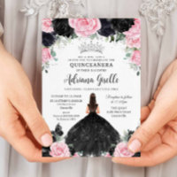 Black Pink Floral Flowers Dress Silver Quinceanera