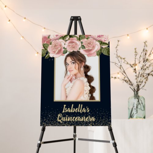 Black Pink Floral Gold Photo Quinceaera Birthday  Foam Board