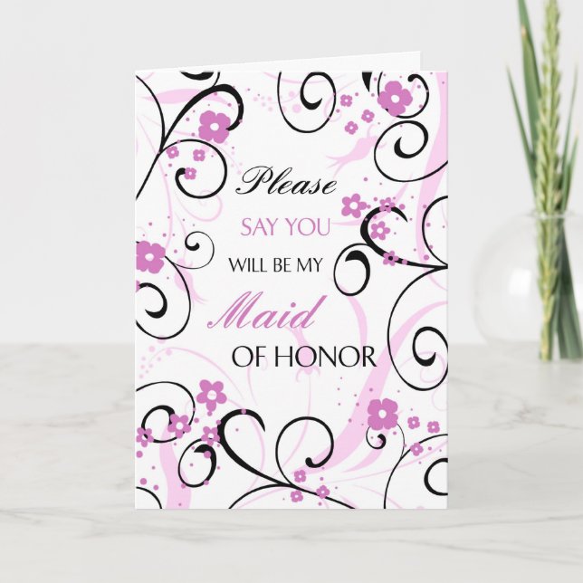 Black & Pink Floral Maid of Honor Invitation Card (Front)