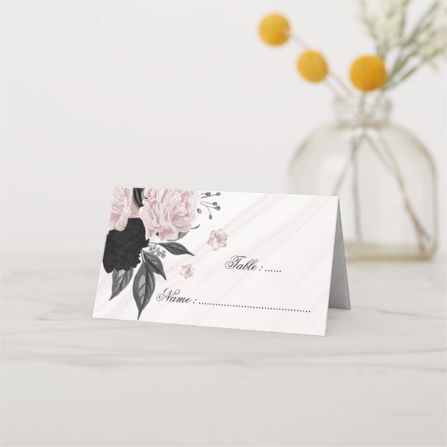 black & pink floral marble place card (Front)